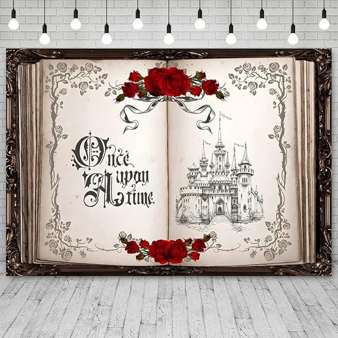 7x5ft Once Upon a Time Backdrop Princess Castle Wedding Party Photography Background Fairytale Book Romantic Story Red Roses Bridal Shower Decorations Birthday Portrait Photo Booth Prop