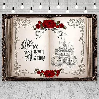 8x6ft Once Upon a Time Backdrop Princess Castle Wedding Party Photography Background Fairytale Book Romantic Story Red Roses Bridal Shower Decorations Birthday Portrait Photo Booth Prop