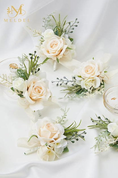 Meldel Champagne Boutonniere for Men - Set of 6, Rose Groomsmen Boutonniere for Wedding, Prom, Homecoming, Party, Vintage Occasions