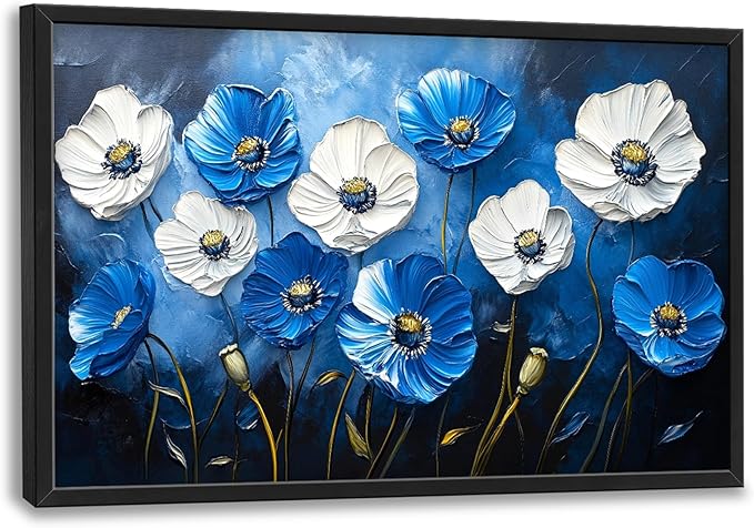 Poppy Large Wall Art Framed Blue Flower Wall Decor for Living Room, Poppies Pictures Oversized Canvas Print Painting Modern Extra Large Framed Artwork for Bedroom Office Home Decor 36"x24"