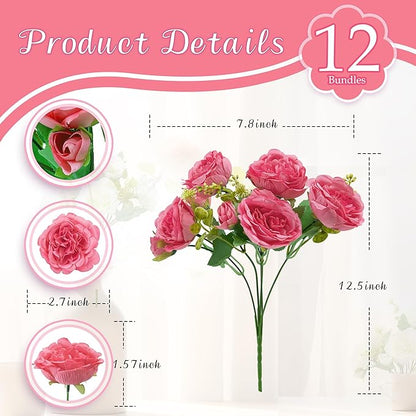 12 Packs Artificial Peonies Silk Flowers: Faux Peony Bouquet 12 Bundles, Fake Peonies Flowers Bulk for Centerpiece Table Wedding Party Home Decor for Christmas Decoration (Rose Red)