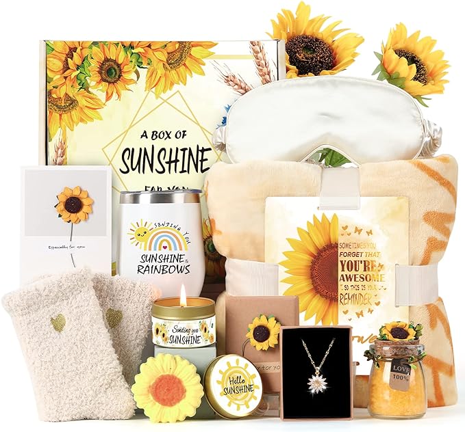 Sending Sunshine Christmas Gift for Women, Sunflower Christmas Gift Set for Mom, Care Package, Birthday Gifts Box,Thinking of You Gifts for Women, Friend, Sister, Mom with Inspirational Blanket