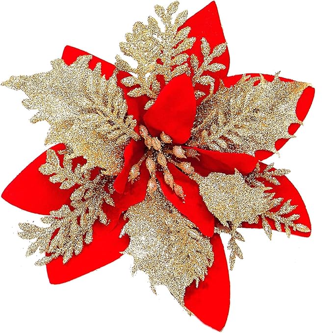 Zhuqing 15Pcs Christmas Poinsettia Artificial Flowers Decorations, Glitter Poinsettia Christmas Tree Ornaments, Red Tree Flowers for Xmas/Party/Holiday/Wreath/Garland Decor, with Cilps, 5.5 Inch