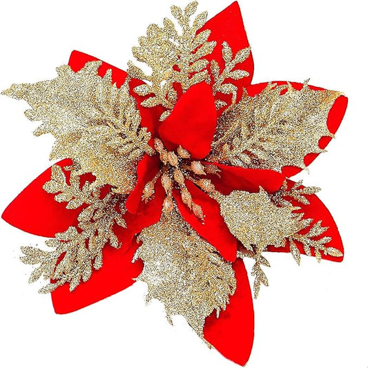 Zhuqing 15Pcs Christmas Poinsettia Artificial Flowers Decorations, Glitter Poinsettia Christmas Tree Ornaments, Red Tree Flowers for Xmas/Party/Holiday/Wreath/Garland Decor, with Cilps, 5.5 Inch