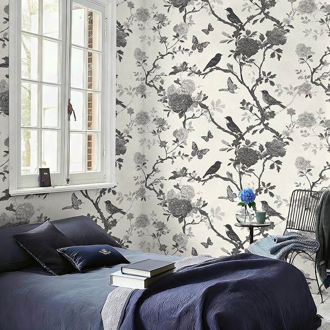 Vintage Peel and Stick Floral Bird Contact Paper Butterfly Removable Botanical Leaf Tree Wallpaper 17.7" x 118.11" Wall Paper Sketch Self Adhesive for Classroom Bedroom Laundry Room Bathroom