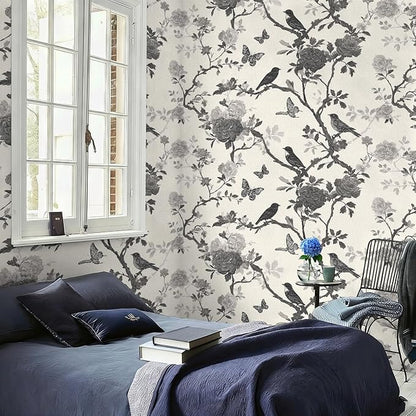 Vintage Peel and Stick Floral Bird Contact Paper Butterfly Removable Botanical Leaf Tree Wallpaper 17.7" x 118.11" Wall Paper Sketch Self Adhesive for Classroom Bedroom Laundry Room Bathroom