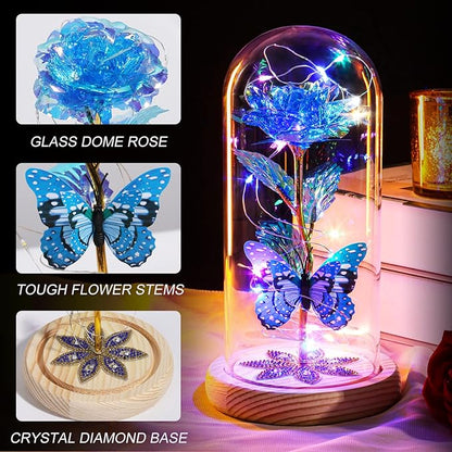 Christmas Rose Gifts for Women Mom Birthday Gifts, Galaxy Glass Rose Forever Preserved Flowers for Delivery Prime Light Up Rose in Glass Dome with Butterfly Xmas Gifts for Grandma Her Wife Daughter