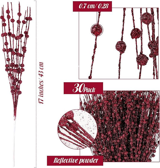 Geosar 30 Pcs Christmas Artificial Glitter Berry Stem Decorations 17 Inch Faux Stick Floral Pick Centerpiece Bouquet Flower Bead Twigs for Centerpiece Tree Wreath Xmas Ornaments Home(Burgundy)