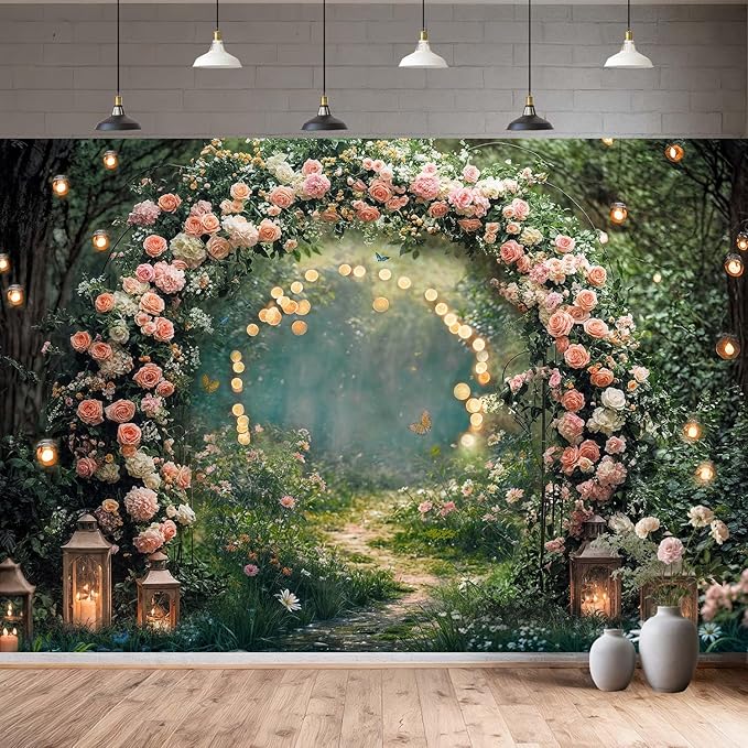20x10ft Enchanted Forest Wedding Photography Backdrop Wonderland Roses Fairy Tale Backdrop Pink Flower Birthday Newborn Baby Shower Wedding Bridal Party Banner Photo Booth Props Anniversary Background