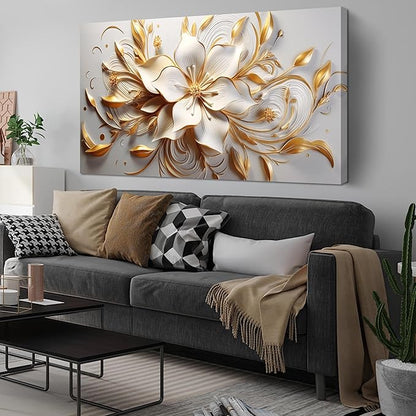 Flower Canvas Wall Art for Bedroom White and Gold Wall Decor for Living Room Wall Art for Dining Room Large Size 29" x 58"