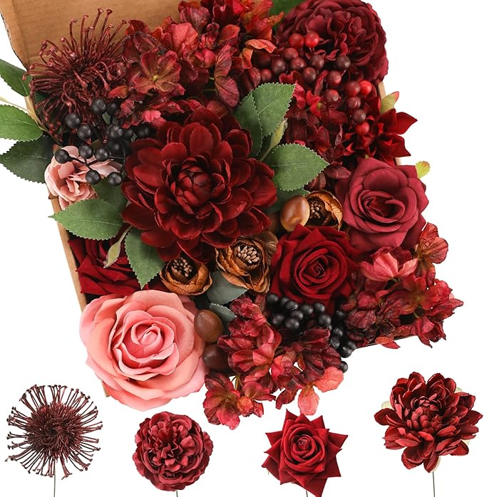 Floweroyal Artificial Flowers Combo Burgundy Flowers Mix Silk Flowers Dahlia Roses with Stems for DIY Wedding Bridal Bouquets, Baby Shower, Floral Arrangement, Table Centerpieces, Home Decorations.