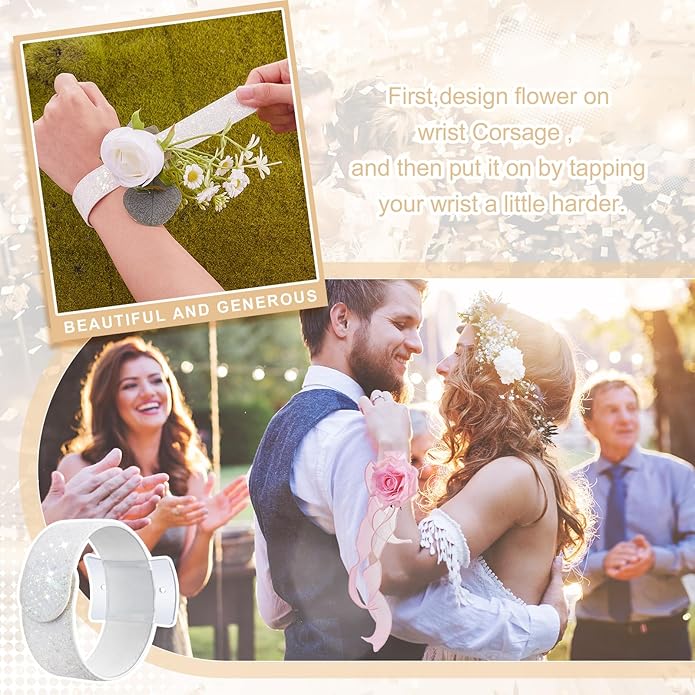 6 Pieces Slaplet Wrist Corsage Bracelets Wristlet Band Floral Corsage Slaplets Wedding Bracelets DIY Wrist Accessories for Bridesmaid Bridal Shower Party Prom
