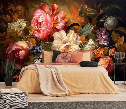 Hand-Painted Watercolor Rose Peony Leaves Flower Mural, Assorted Colors Flower Wallpaper, can be affixed to The Living Room Bedroom Walls（Non-self-Adhesive）