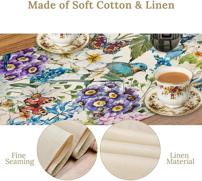 Brown Bird Floral Table Runner Spring Flower Kitchen Table Decoration Suitable for Family Dinner Decoration 13x60 Inch