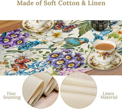 Brown Bird Floral Table Runner Spring Flower Kitchen Table Decoration Suitable for Family Dinner Decoration 13x60 Inch