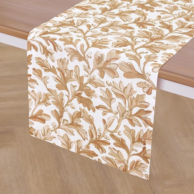 Solino Home 100% Pure Linen Fall Table Runner 132 Inches Long - Floral Print Table Runner 14 x 132 Inch for Autumn - Handcrafted and Machine Washable - Fallen Leaves Print