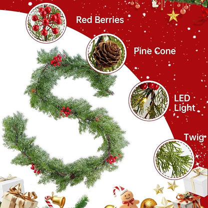 2Pack 6FT Christmas Garland Faux Cypress Pine Cedar Garland with 20 LED Lights, Holiday Garland for Home, Wedding, Party Decorations