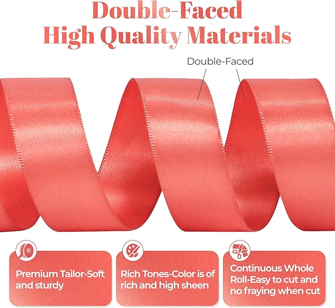 Coral Satin Ribbon, Double Faced 7/8 Inch X 50 Yards Coral Ribbon, for Gift Wrapping, Crafts, Hair Bow Making, Sewing, Flower Bouquet, Wedding Party Decor