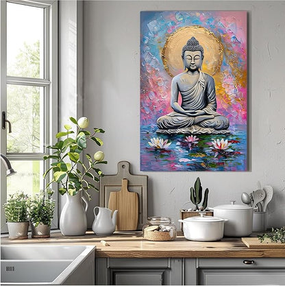 Lotus and golden Buddha meditation tranquil zen wall art mindfulness wall art for spiritual harmony and tranquility decor 24x36in Frameless
