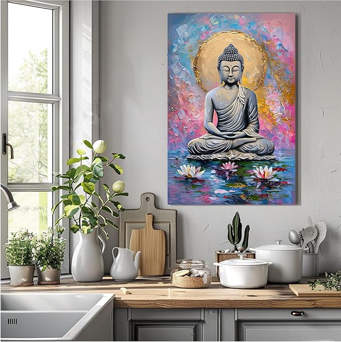 Lotus and golden Buddha meditation tranquil zen wall art mindfulness wall art for spiritual harmony and tranquility decor 16x24in Frameless
