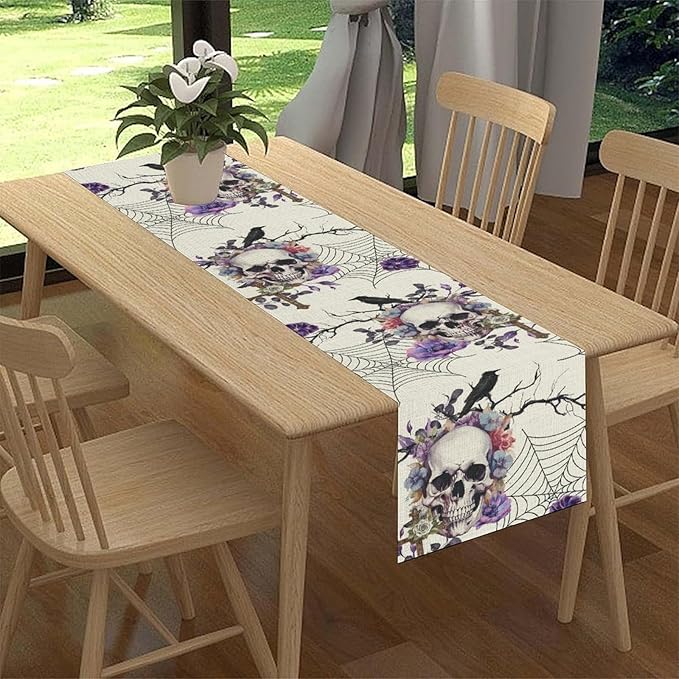 Gothic Floral Table Runner, Retro Dark Skull Spider Web Crow Flower Halloween Witchy Coffee Table Center Decor for Home Kitchen Dining Patio Holiday Party Table Decorations 13x36 inches