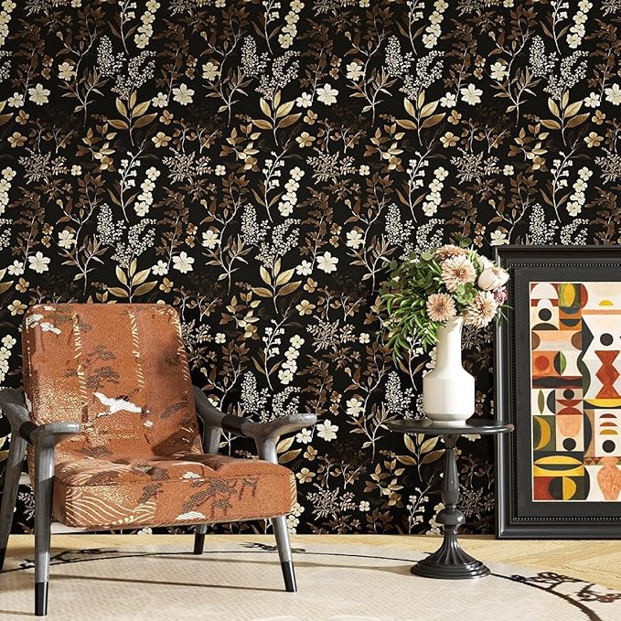 Vintage Leaf Wallpaper Peel and Stick Gold Leaf Contact Paper 17.4" x 393" Black Floral Waterproof Self-Adhesive Wall Covering for Bedroom Countertop Desk Cabinets