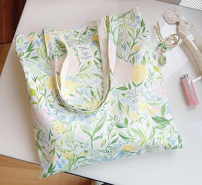 Cotton Canvas Tote Bag Reusable Soft Grocery Cloth Bag Floral Shoulder Bag for Beach Travel Shopping