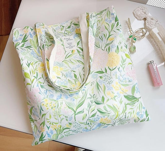 Cotton Canvas Tote Bag Reusable Soft Grocery Cloth Bag Floral Shoulder Bag for Beach Travel Shopping