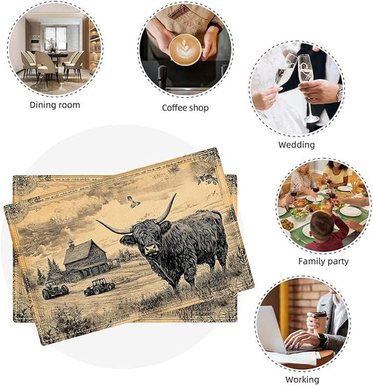 Farmhouse Highland Cow Placemats Set of 6, Country Barn Place Mats, Rustic Black and White Dining Table Mats, Washable Placemats for Kitchen Dining Room Home Decor 18L'' × 12W''