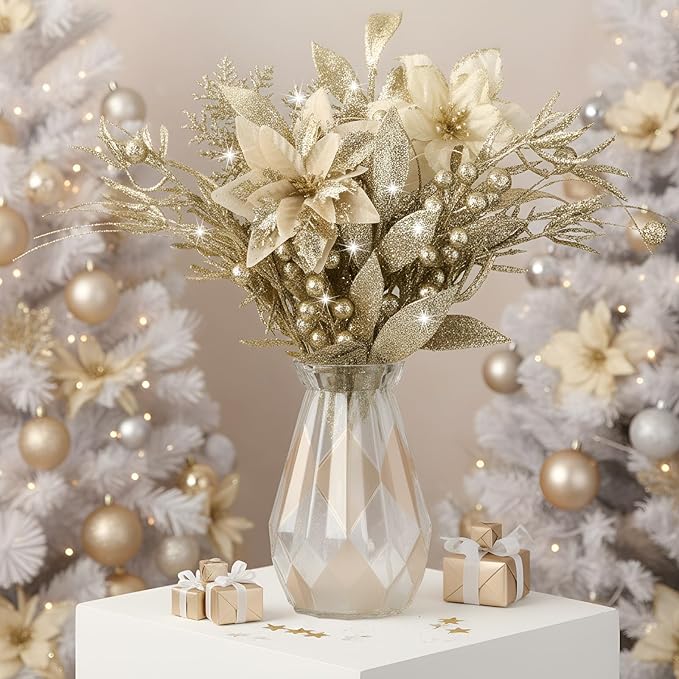 60 Pcs Christmas Glitter Branches 6 Styles Artificial Christmas Picks Berries Stems Poinsettia Flowers Pine Needles Floral Twig Spray for Xmas Tree Ornaments DIY Wreath Garland(Champagne)
