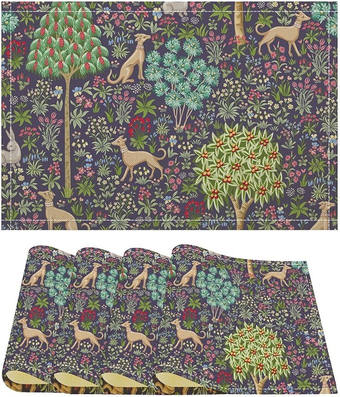 William Morris Placemats Boho Rural Farmhouse Vintage Flower Art Printed Dining Table Mats Set of 4 for Home Kitchen Holiday Picnic Party Decor 12x18in