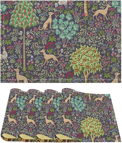 William Morris Placemats Boho Rural Farmhouse Vintage Flower Art Printed Dining Table Mats Set of 4 for Home Kitchen Holiday Picnic Party Decor 12x18in