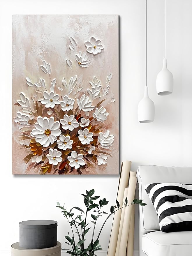 moshinart 24 x 36in Hand-Painted Oil Painting 3D Texture Black White Grey Modern Minimalist Black Abstract Wall Art, Home Office Wall Decoration pink flower