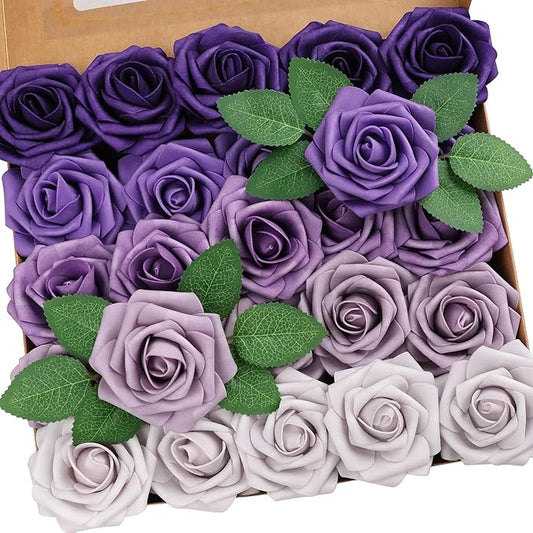 25pcs Artificial Flower，Real Looking Foam Roses w/Stem for DIY Wedding Bouquets Centerpieces Bridal Shower Party Decor-Shades of Series Purple