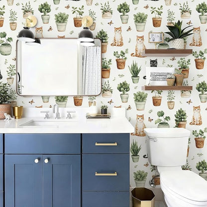 Peel and Stick Modern Cute Animal Wallpaper Removable Cat Potted Plants 17.7" x 118.11" Wall Paper Watercolor Self Adhesive Contact Paper for Classroom Bedroom Laundry Room Bathroom