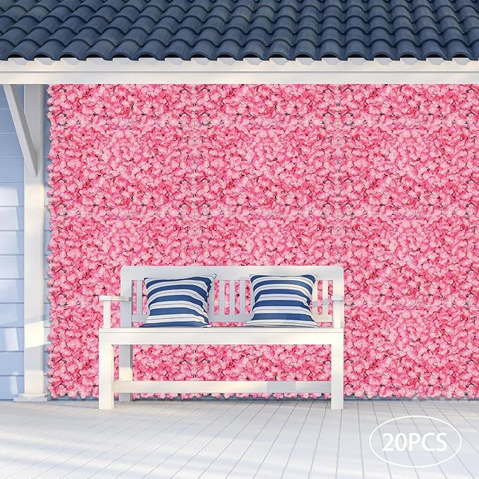 Flower Wall Panel Set, Artificial Wall Flower Backdrop,Artificial Flower Wall Mat Silk Rose Flower Panels,Hydrangea Rose Floral Panel for Party Wedding (20PCS Pink), LZ-290906