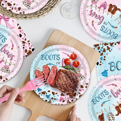 48pcs Pink Blue Gender Reveal Party Decoration Set,16 Dessert plate,16 Napkin And 16 Fork,16 persons Disposable tableware,Used Cowgirl Birthday Party Supplies (Multicolor 25)