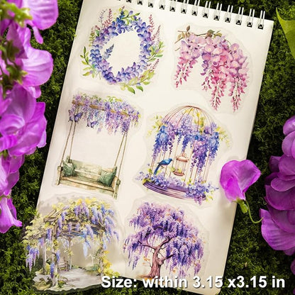 Wisteria Floral PET Sticker Set, 60Pcs Purple Flower Stickers for Scrapbooking, Journaling, Junk Journal Supplies, and DIY Crafts