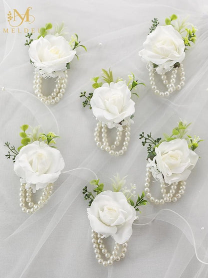 Meldel White Ivory Rose Wrist Corsage, Set of 6, Wedding Bridal Flower Corsage Hand Decor for Prom Party Homecoming, Wristband Flowers Bride, Bridesmaid, Girl