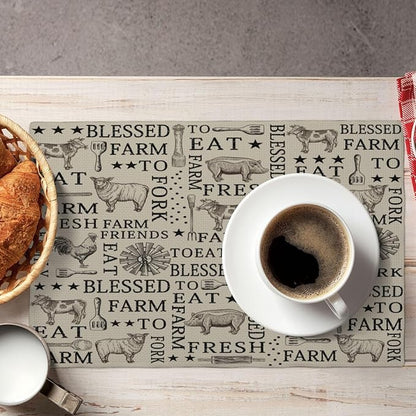 Farm Placemats, Cartoon Vintage Brown Windmill Farmhouse Cow Sheep Rooster Pig Animal Print Washable Fabric Placemats Table Kitchen Dining Party 12x18 Inch Set of 6