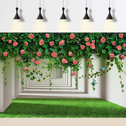 Rose Flowers Backdrop Red Rose Flowers and Green Leaves with Butterflies Photography Background Spring Alley Green Grass Backdrops Outdoor Wedding Party Decorations Photo Studio Props 20x10ft