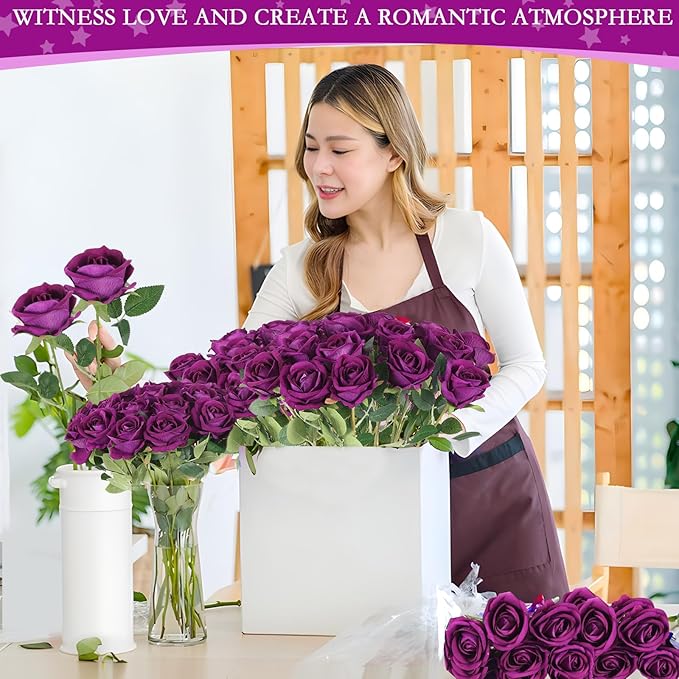 Hananona Artificial Roses in Bulk, Fake Silk Roses Realistic Roses for Wedding Centerpieces Flower Arrangement Home Decor (50, Purple)