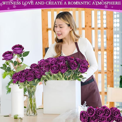 Hananona Artificial Roses in Bulk, Fake Silk Roses Realistic Roses for Wedding Centerpieces Flower Arrangement Home Decor (50, Purple)
