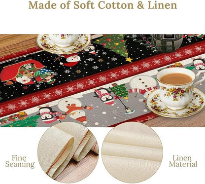 Christmas Table Runner,Cartoon Snowman Tree Xmas Deer Elk Santa Claus Print Tablecloth Burlap for Hotel Indoors Outdoor Dining Room Kitchen Home Decor,W13X L36 in