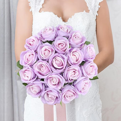 Hawesome Fake Roses Artificial Silk Flowers - 12 Pcs Purple Roses Artificial Faux Flowers with Stems for Home Wedding Centerpiece Hotel Office Decor