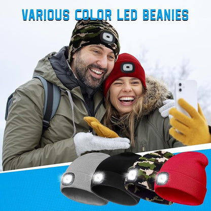 Christmas Stocking Stuffers for Men Adults, Beanie Hats with Light, USB Rechargeable LED Hand Free Headlamp, Birthday Gifts for Men, Women, and Teens, Ideal for Camping, Hiking, 2 Pack, Camouflage
