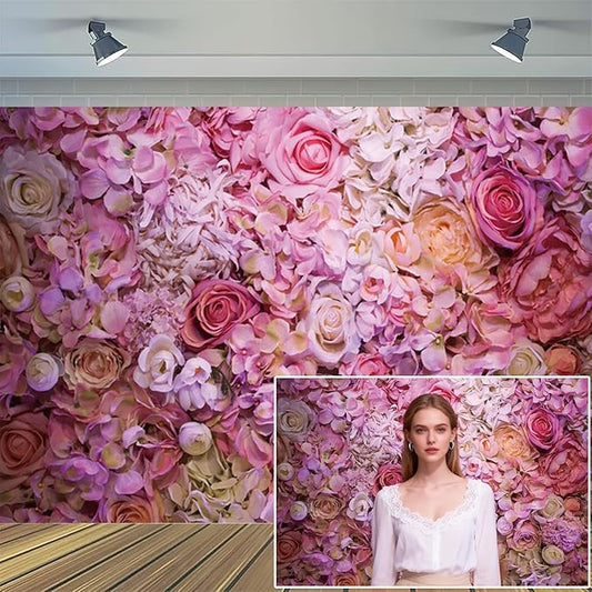 12x8ft Vinyl XMJJKUF Pink Floral Backdrop Flower Colorful Wedding Ceremony Girls Bridal Shower Background Birthday Party Decortaions Banner Portrait Photo Shoot Props