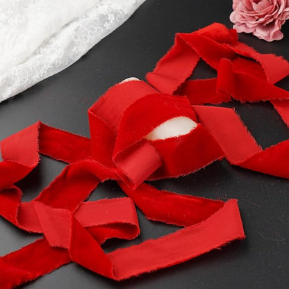 Red Velvet Ribbon for Christmas Decorations 1.5 Inch Raw Edge Rustic Frayed Silk Velvet Ribbon for Gift Wrapping Boho Wedding Vow Books -3yards