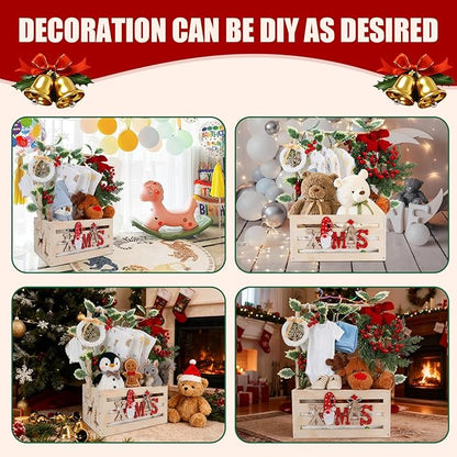 XIANMEI Christmas Wooden Baby Shower Crate Closet, Baby Basket With Artificial Garland Wreath & Accessories - Baby Shower Basket for Newborn Boys Girls, Pregnancy Gifts for New Parents (XMAS)