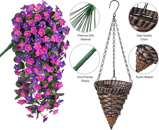 Artificial Fake Hanging Flowers with Basket for Outdoor Decoration,UV Resistant Faux Silk Daisy Flowers Dark Purple and Fuchsia Orchid Vines in Planter Realistic Hanging Baskets for Home Porch Garden